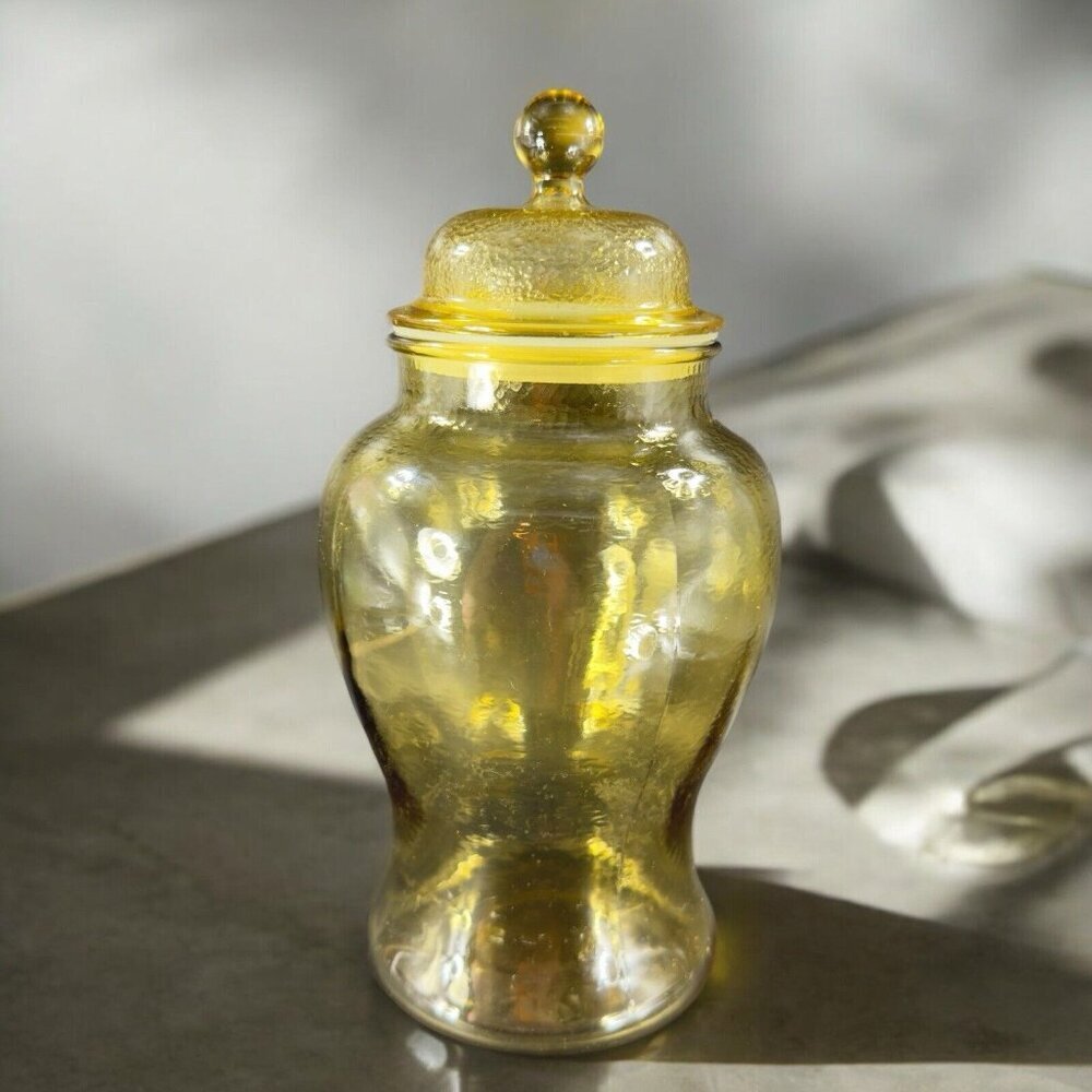 Vintage Indiana Glass Amber Yellow Glass Apothecary Jar Canister With‎ Lid VTG
